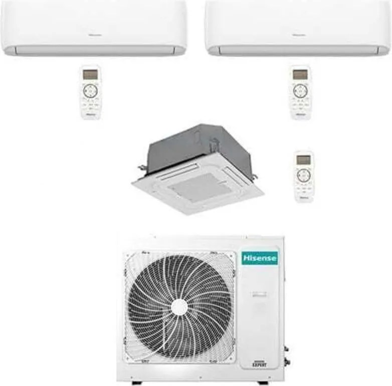 Climatizzatore Condizionatore Hisense Hi Comfort WiFi + Cassetta 4 vie R32 Trial Split Inverter 7000 + 7000 + 9000 BTU con U.E. 3AMW52U4RJC Classe
