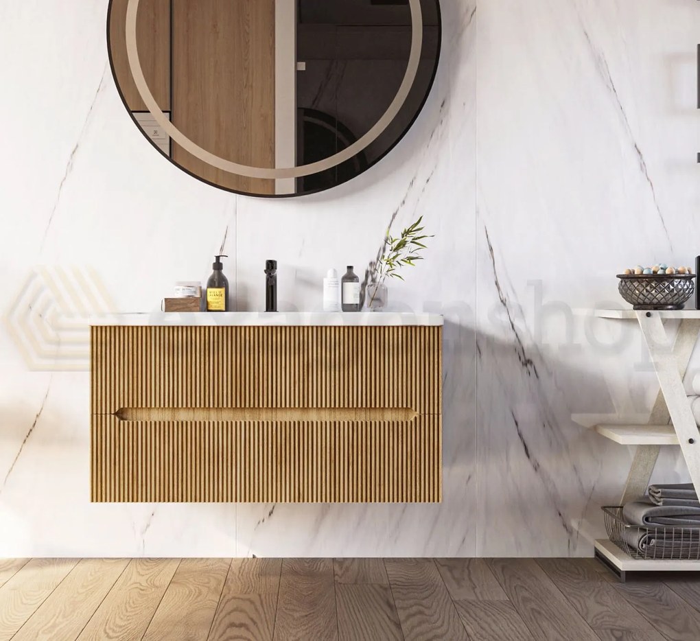 Mobile bagno rovere 90x46 cannettato Urbino due cassetti con lavabo in ceramica frontale