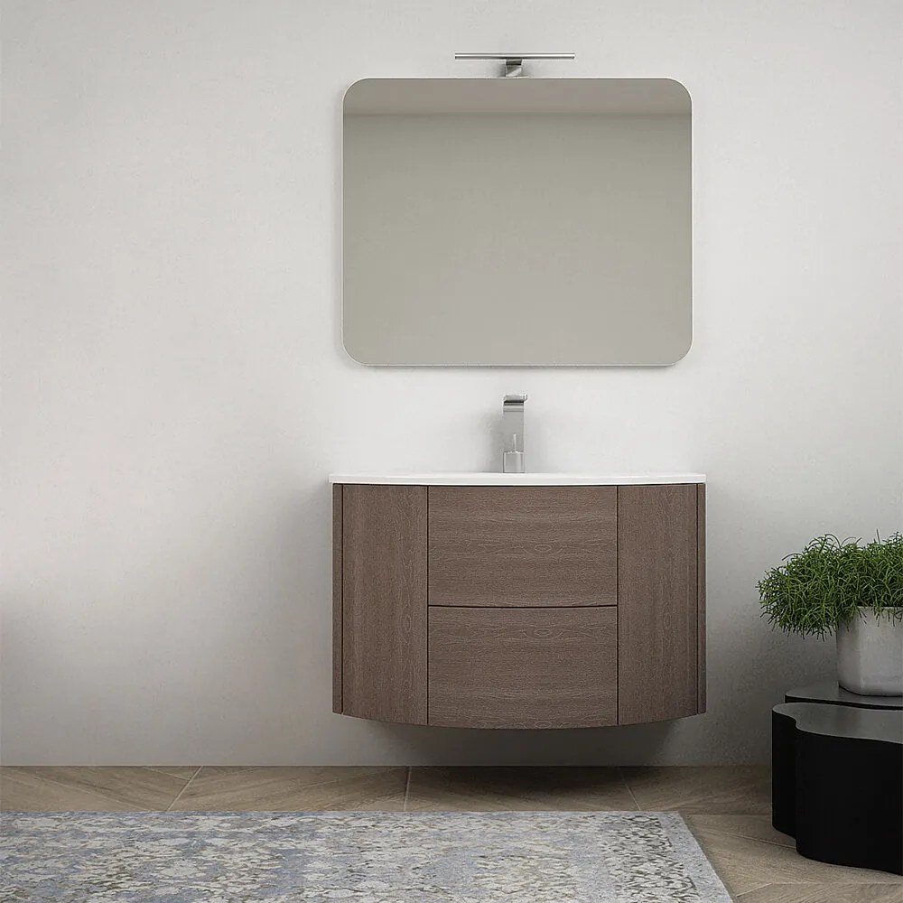 Mobile bagno sospeso 90 cm Rovere scuro design tondo con specchio filo lucido