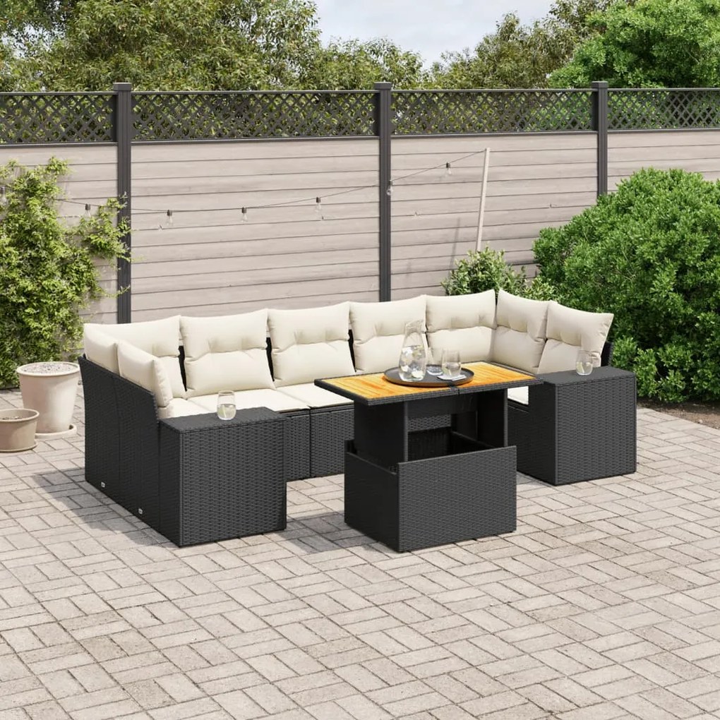 Set divani da giardino con cuscini 8 pz nero in polyrattan