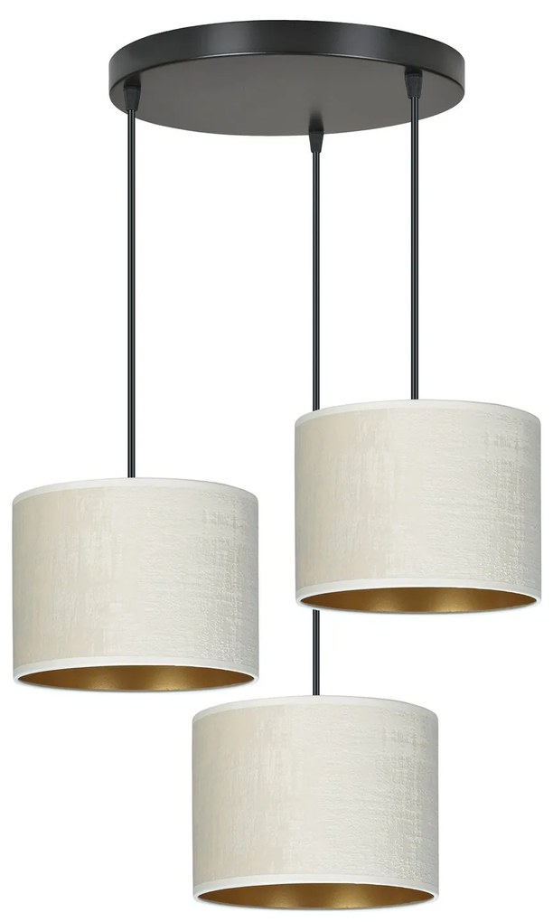 Lampadario Tondo 3 Luci Hilde In Acciaio Nero E Paralumi In Tessuto Beige