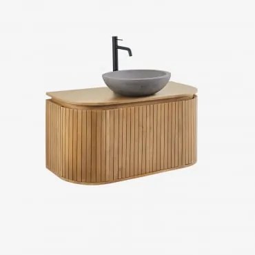 Set Di Mobili Da Bagno Sospeso In Legno Di Mango Analis Legno Di Mango & Cemento Grigio Rotondo Ø40 Cm Tarsis & Senza Specchio & Nero - Sklum