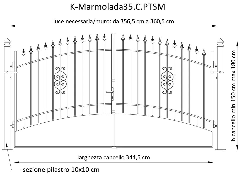 Cancello Marmolada in ferro, apertura centrale, L 358.5, H 165-195 cm, di colore ruggine