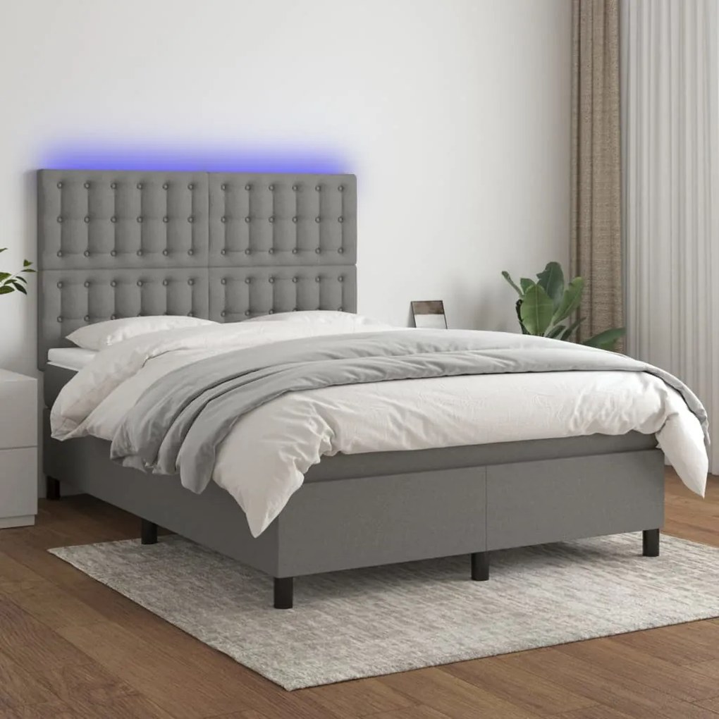 Letto a molle materasso e led grigio scuro 140x190cm in tessuto