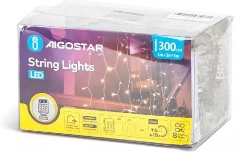 Aigostar - Catena LED natalizia da esterno 300xLED/8 funzioni 3xAA 6x2m IP44 bianco caldo