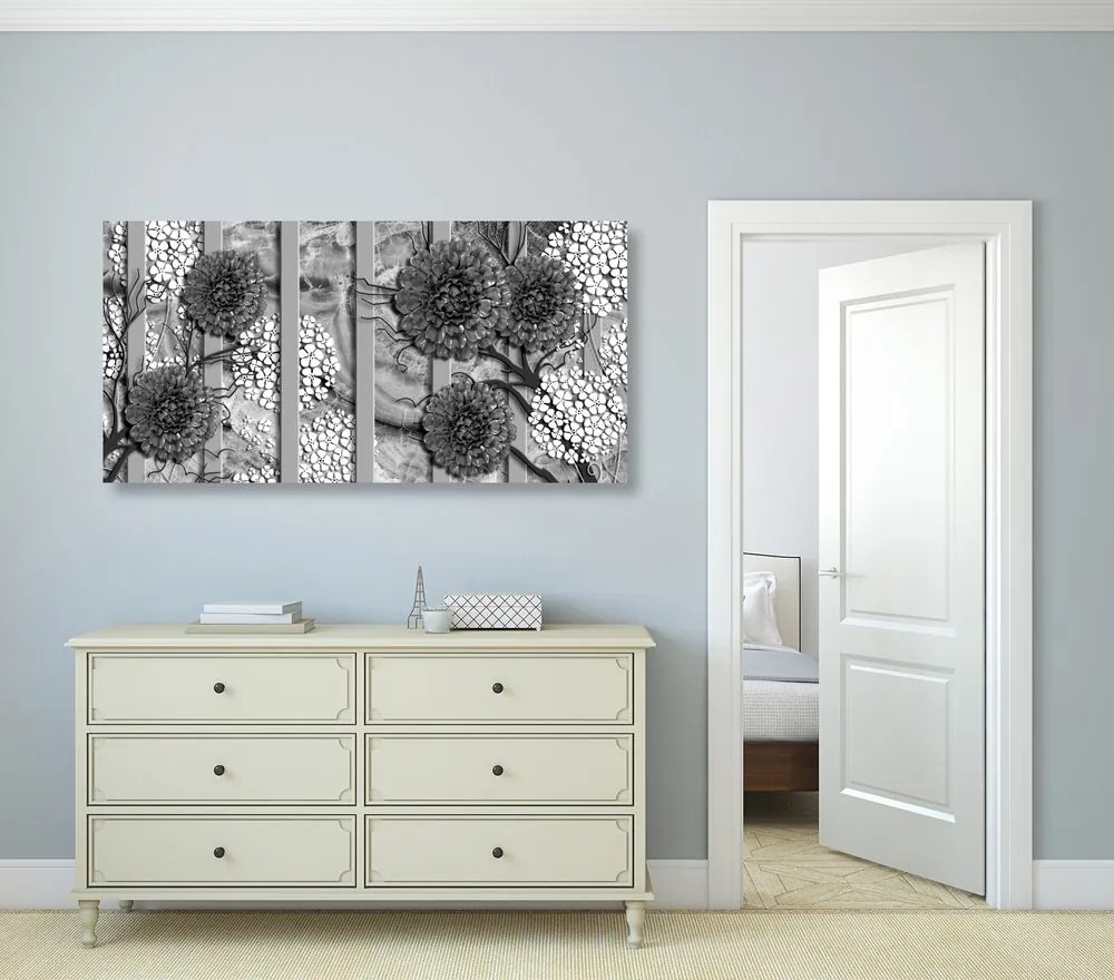 Quadro su tela – Fiori astratti su sfondo di marmo in bianco e nero