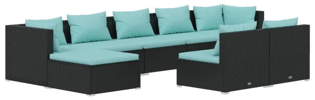 Set divani da giardino 9 pz con cuscini in polyrattan nero