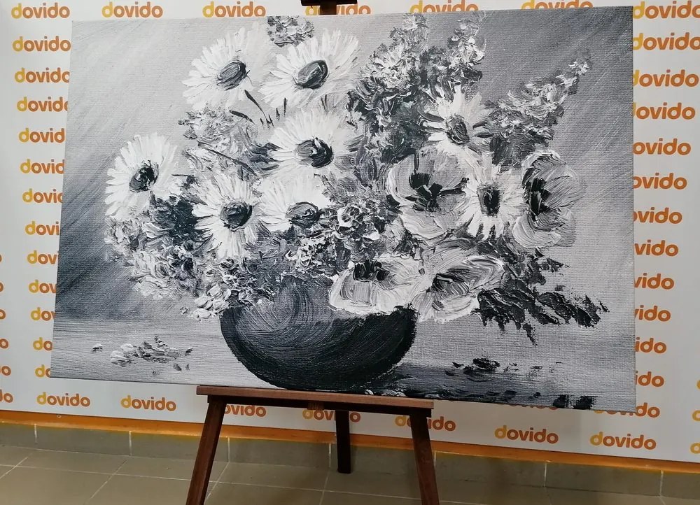 Stampa su tela – Dipinto a olio di fiori estivi in bianco e nero