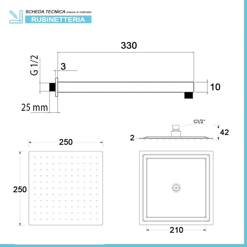 Set doccia incasso Kubo nero opaco con soffione 25 cm e kit doccia