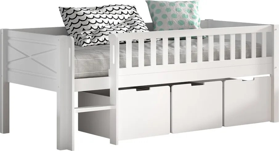 Letto da bambini rialzato bianco in pino massiccio con contenitore con rete inclusa 90x200 cm Scott – Vipack