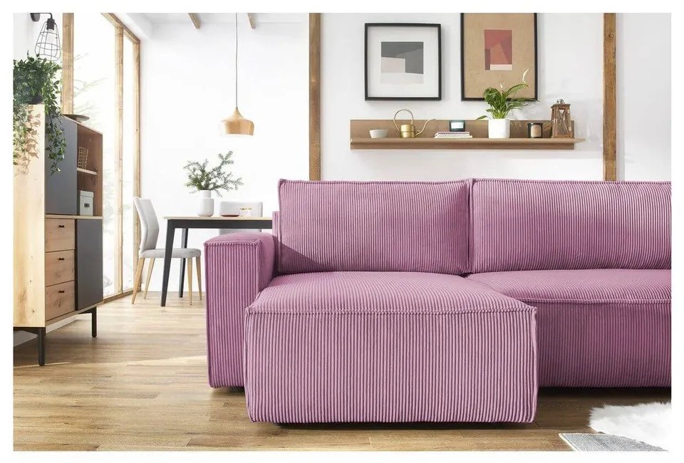 Divano letto angolare a "U" in velluto a coste rosa Nihad - Bobochic Paris