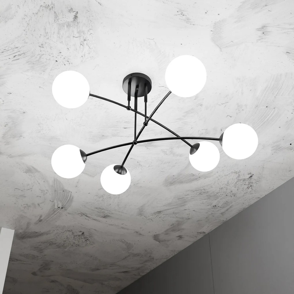 Plafoniera Moderna 6 Luci Susanoo In Acciaio Nero E Vetri A Sfera In Bianco