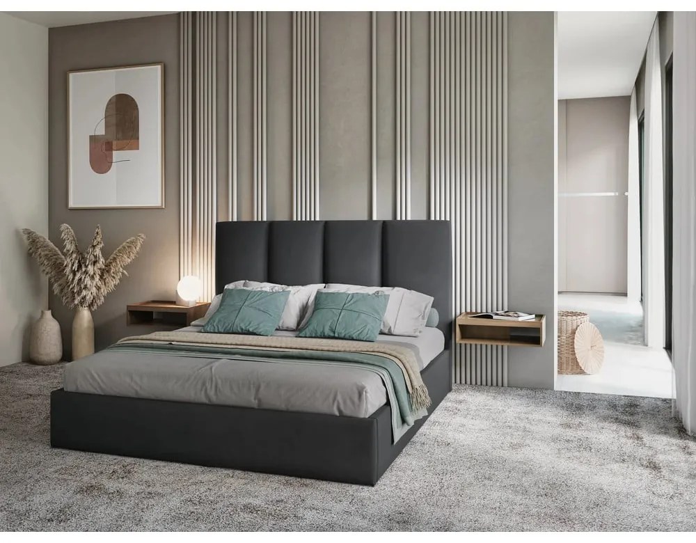 Letto matrimoniale imbottito grigio scuro con contenitore con griglia 160x200 cm Juniper - Mazzini Beds