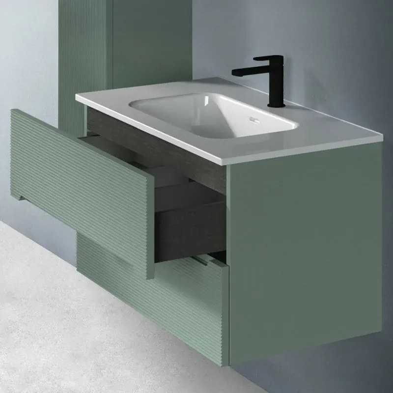 Mobile bagno sospeso 80 verde cannettato 2 cassetti lavabo e specchio Rigo