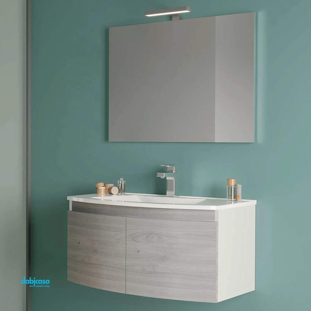 Mobile Bagno Sospeso "Giulia" Da 80 Cm C/Base a Due Ante In MDF Laminato Finitura Bianco Lucido/Legno Nordico