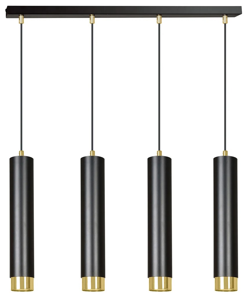 Lampadario 4 Luci Brunilde In Acciaio Nero E Tubolari In Nero E Oro