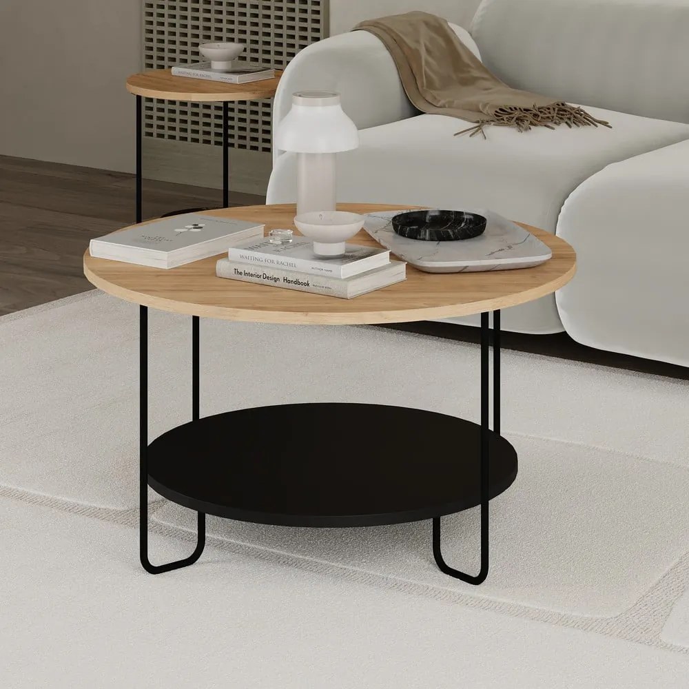 Tavolino rotondo con piano in rovere nero e naturale ø 80 cm Tonka - Marckeric