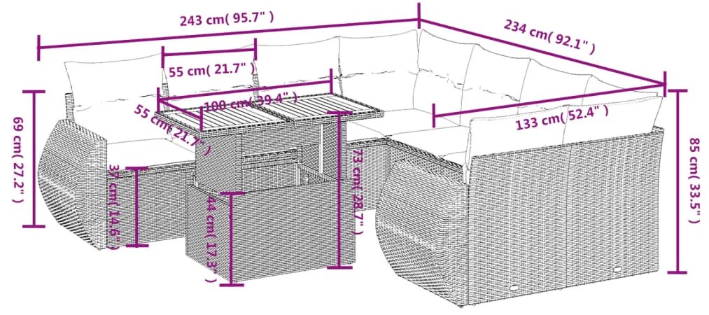 Set Divani da Giardino 9 pz con Cuscini Nero in Polyrattan