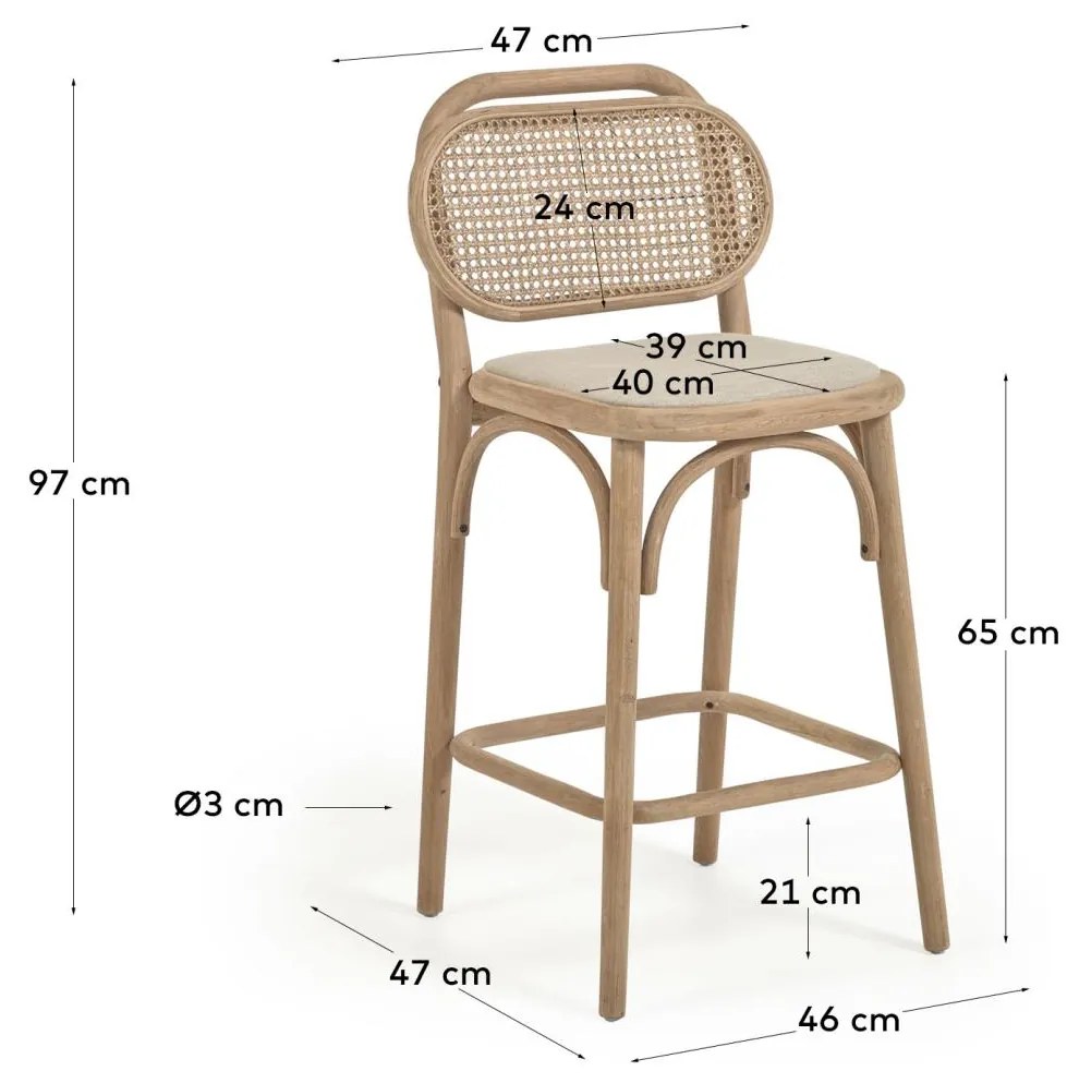 Kave Home - Sgabello Doriane legno massello quercia finitura naturale sedile imbottito 65cm FSC Mix Cr