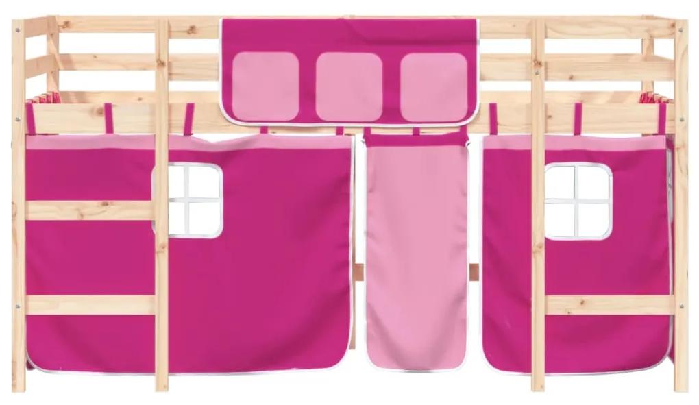 Letto a soppalco con tende bambini rosa 80x200 cm massello pino