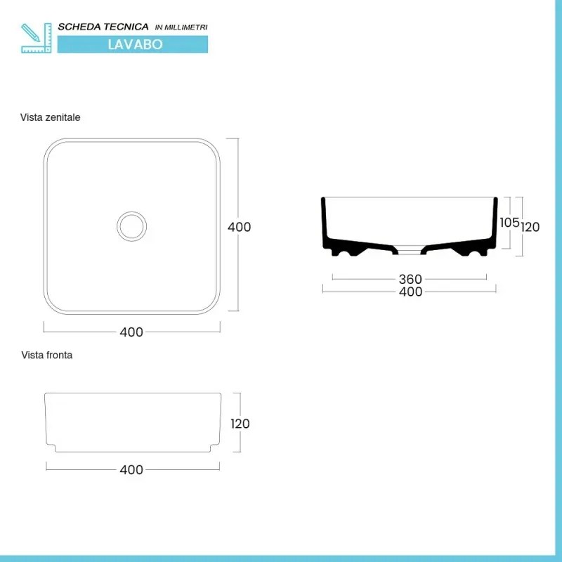 Lavabo da appoggio quadrato 40 in ceramica bianco lucido Epsilon