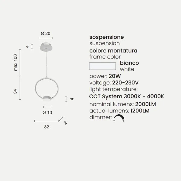 Lampada a sospensione Led OMEGA in metallo verniciato Bianco D32 cm