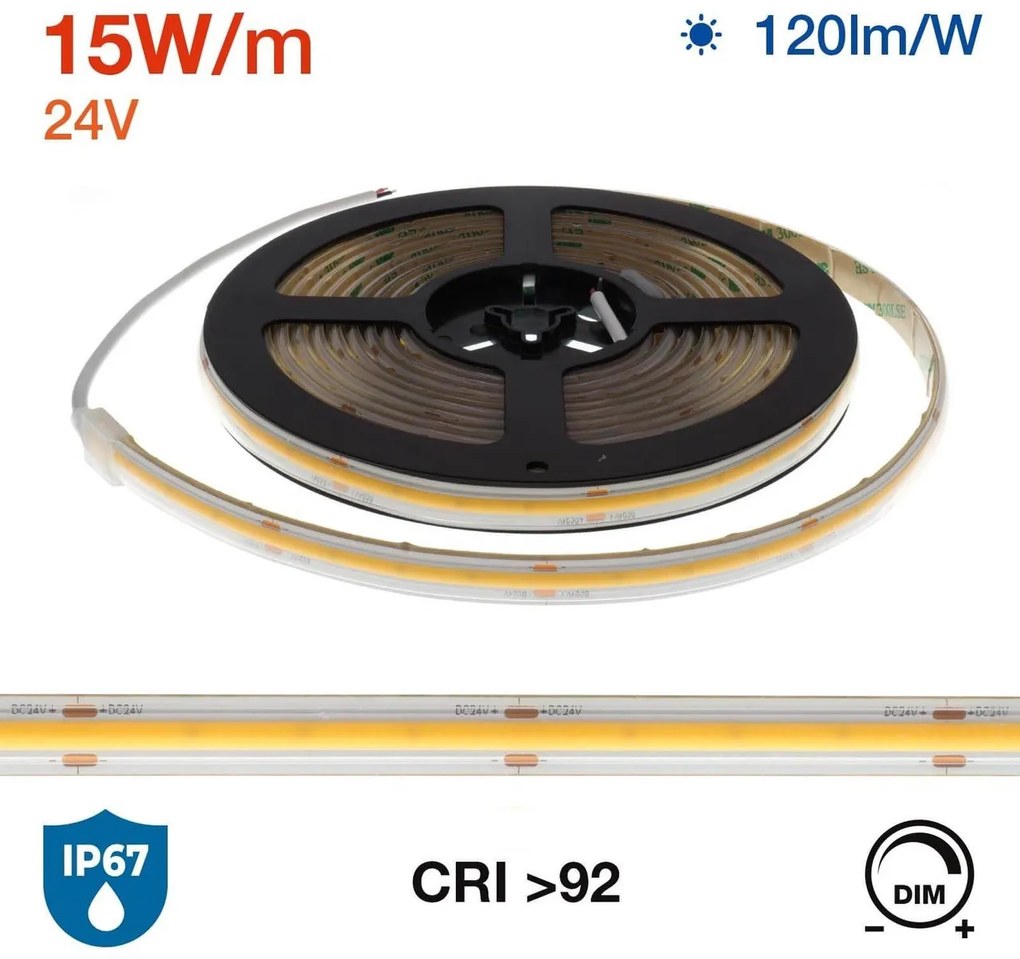 Striscia LED COB 15W/m 24VDC IP67 5m Professional Colore Bianco Freddo 5.700K