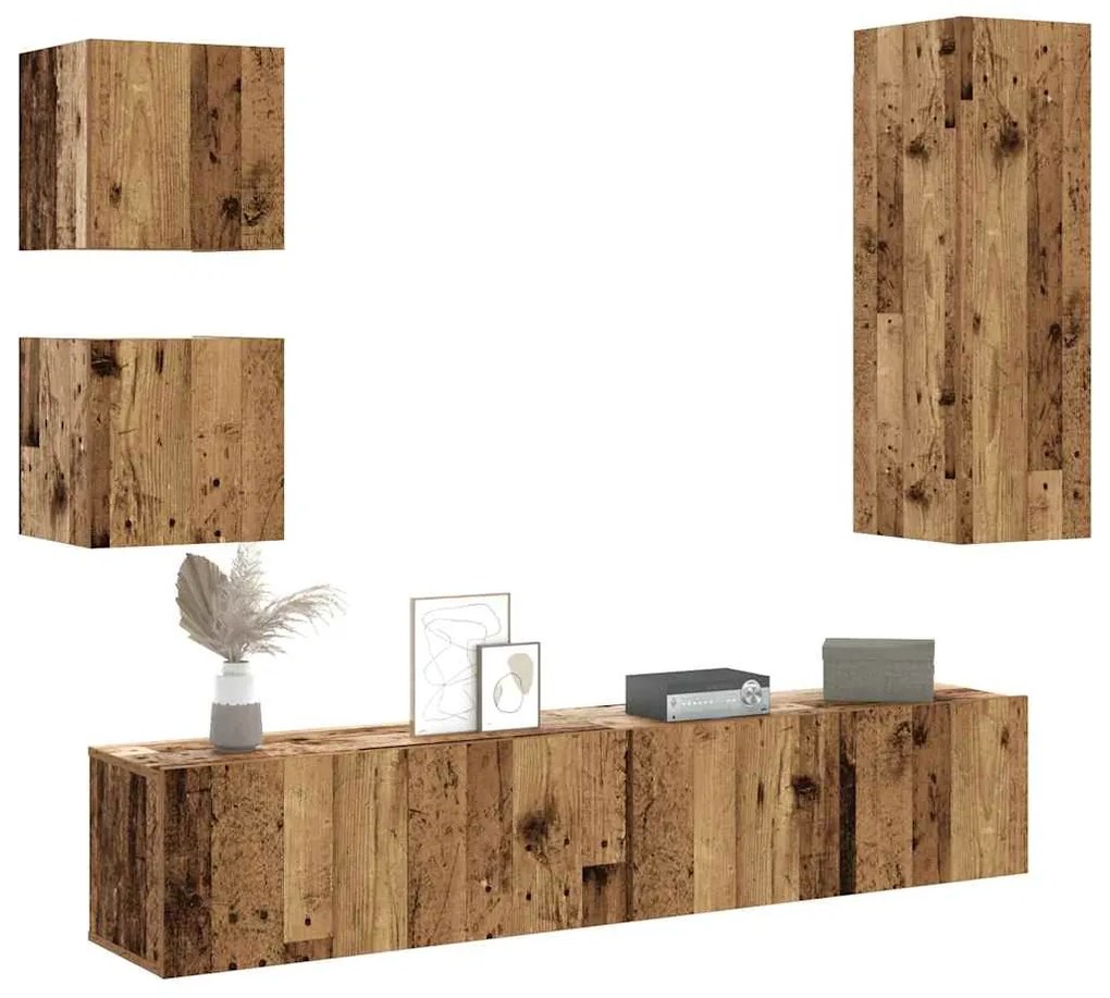 Set Mobile Tv 5 Pz Montato A Parete Legno Antico İn Truciolato /