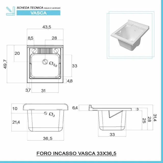 Mobile lavatoio 45x50 bianco con vasca in resina completo di asse lavapanni