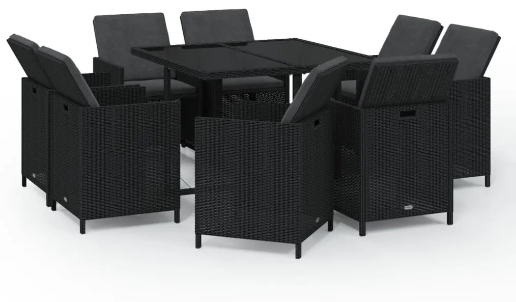 Set da pranzo per giardino 9 pz con cuscini in polyrattan nero