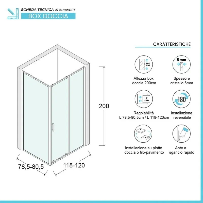 Box doccia angolare 80x120 cm scorrevole in cristallo trasparente Ted