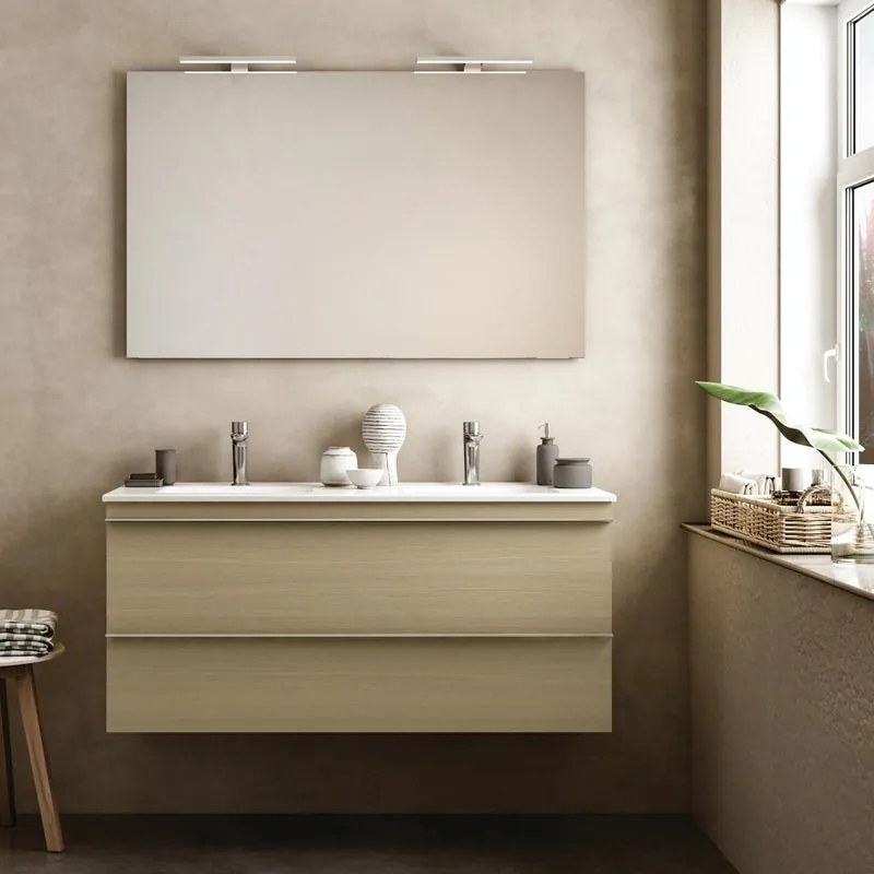 Mobile Linea L120 H55 P45 in laminato rovere natura 2 cassetti a chiusura ammortizzata e lavabo in ceramica doppia vasca