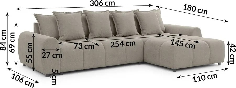 Divano angolare grigio tortora (con penisola a destra/con chaise lounge) Albane – Ropez