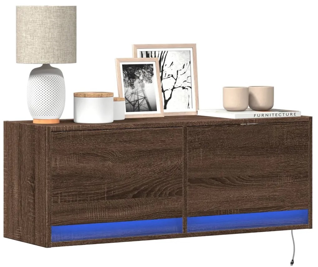 Mobile Tv A Parete Con Luci Led Rovere Marrone 100x31x35 Cm /