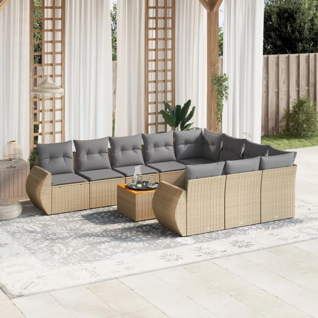 Set divani da giardino 11 pz con cuscini beige in polyrattan