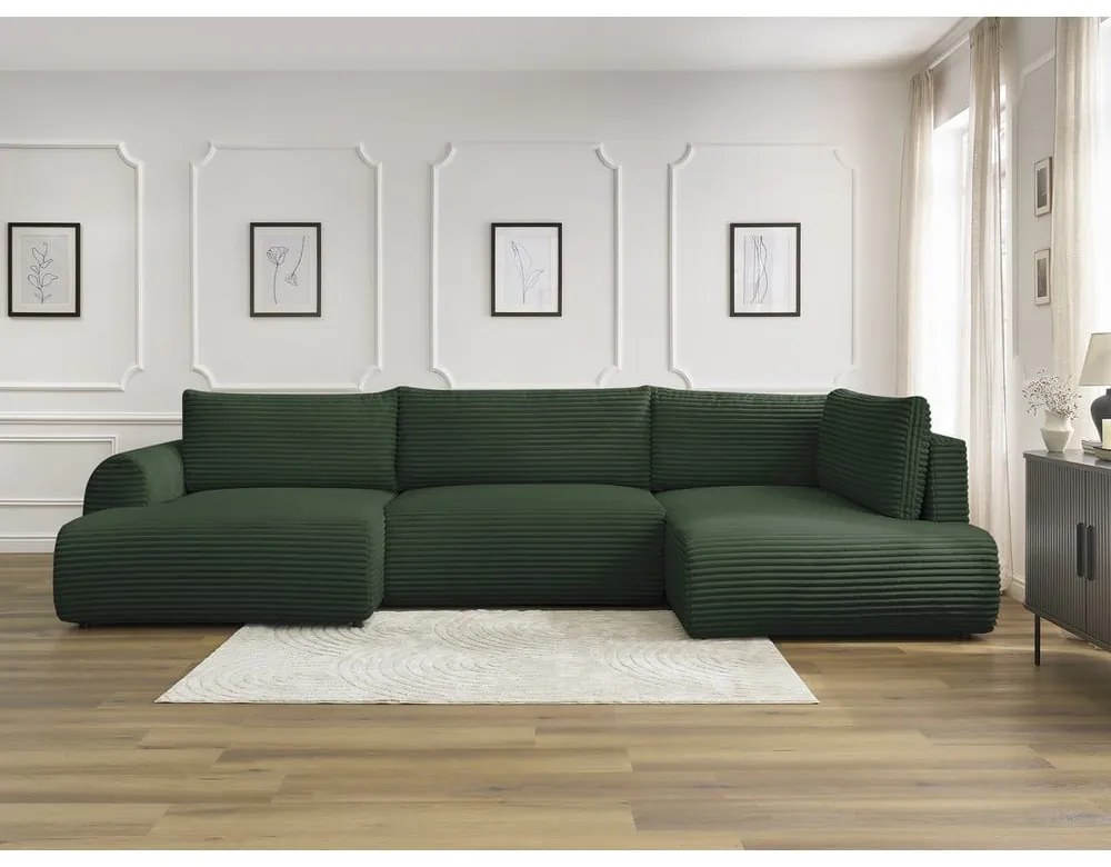 Divano angolare in verde scuro allungabile (con penisola a sinistra/a forma di "U") con rivestimento in velluto a coste Lucien – Bobochic Paris