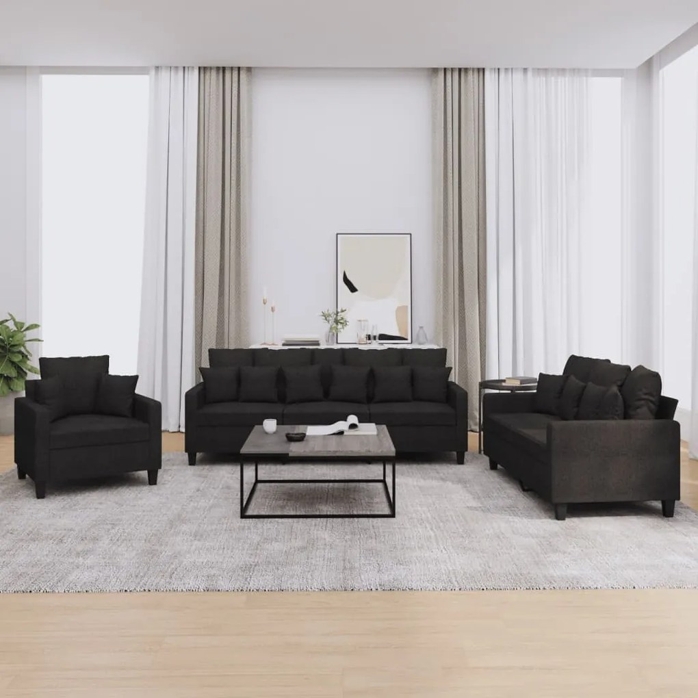 Set Divani 3 Pz Con Cuscini Nero İn Tessuto /