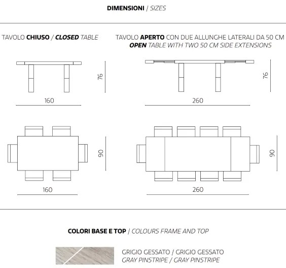 Tavolo allungabile a 260 cm con struttura in laminato PARIDE GRIGIO GESSATO