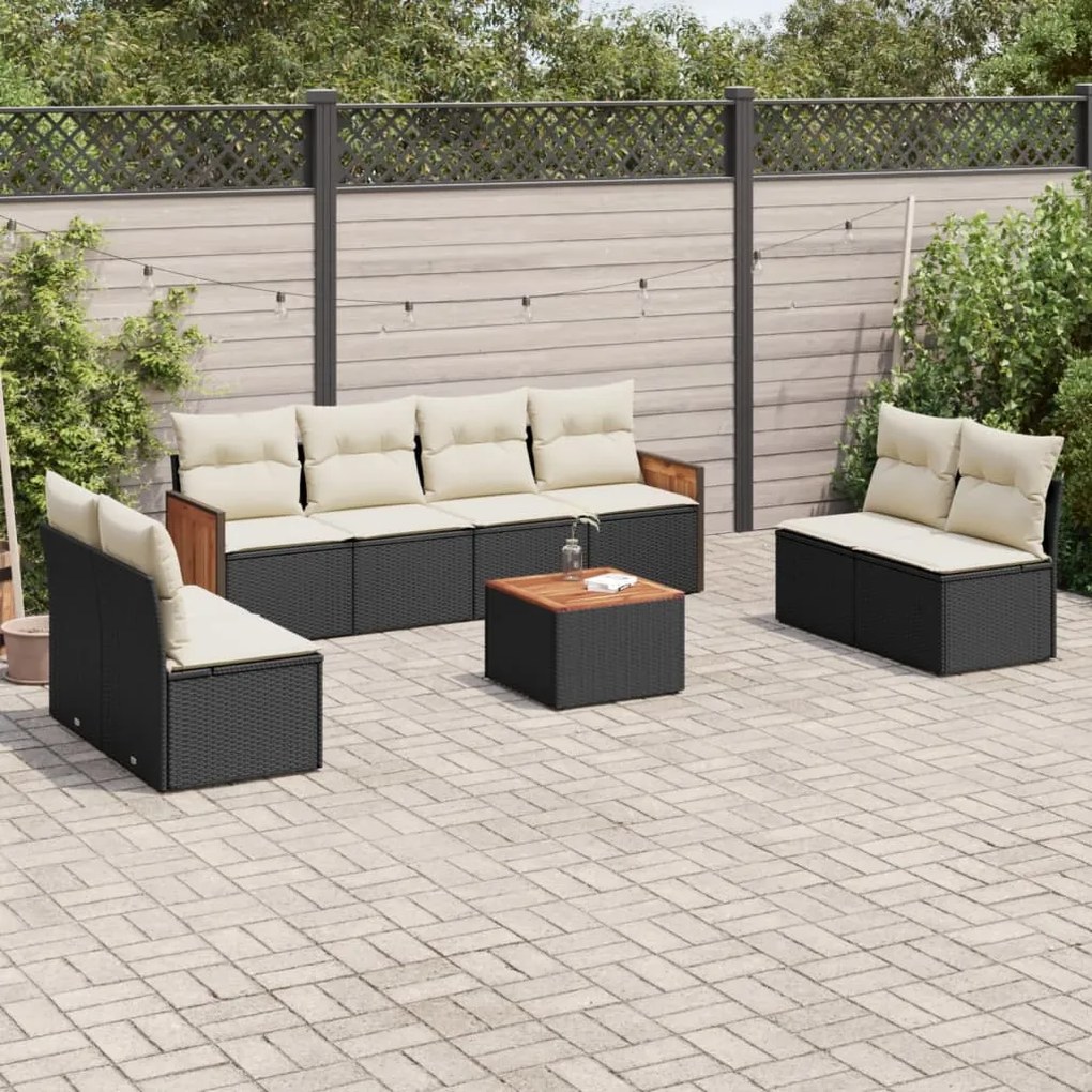 Set Divani da Giardino 9 pz con Cuscini Nero in Polyrattan