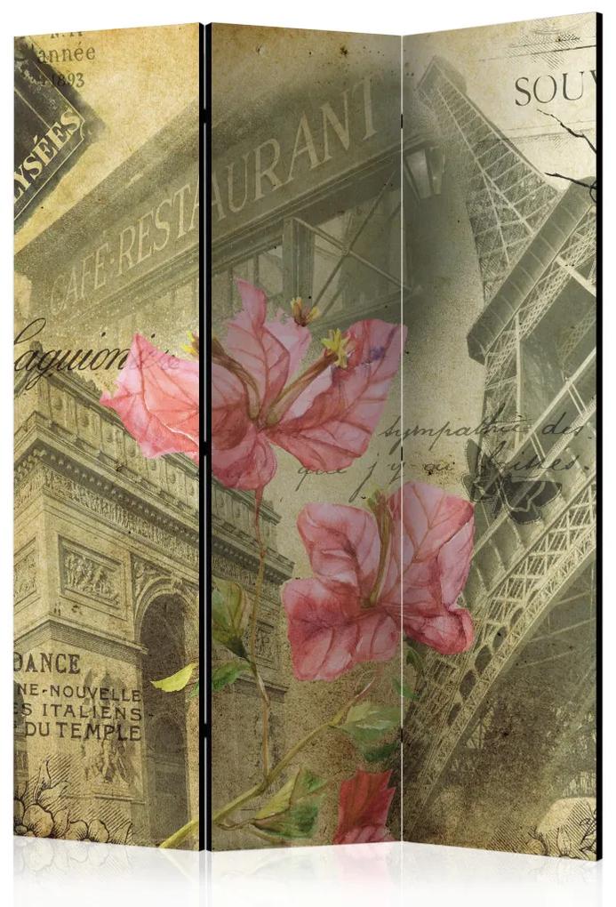 Paravento separè Bonjour Paris! (3 parti) - collage urbano con Torre Eiffel e fiori