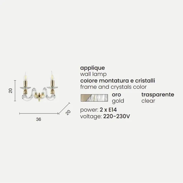 Applique 1306 in vetro soffiato lavorato a mano 36 cm a 2 luci