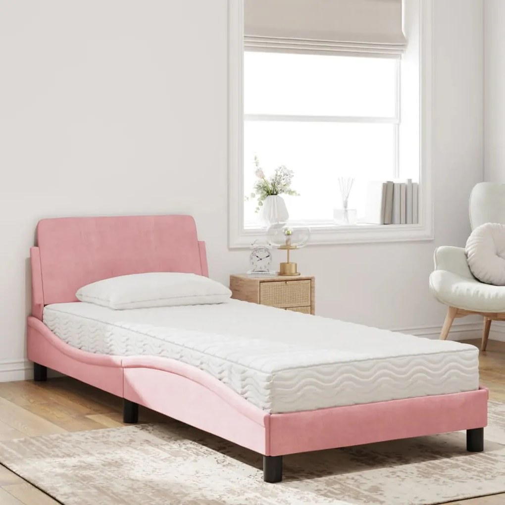 Letto con materasso rosa 90x200 cm in velluto