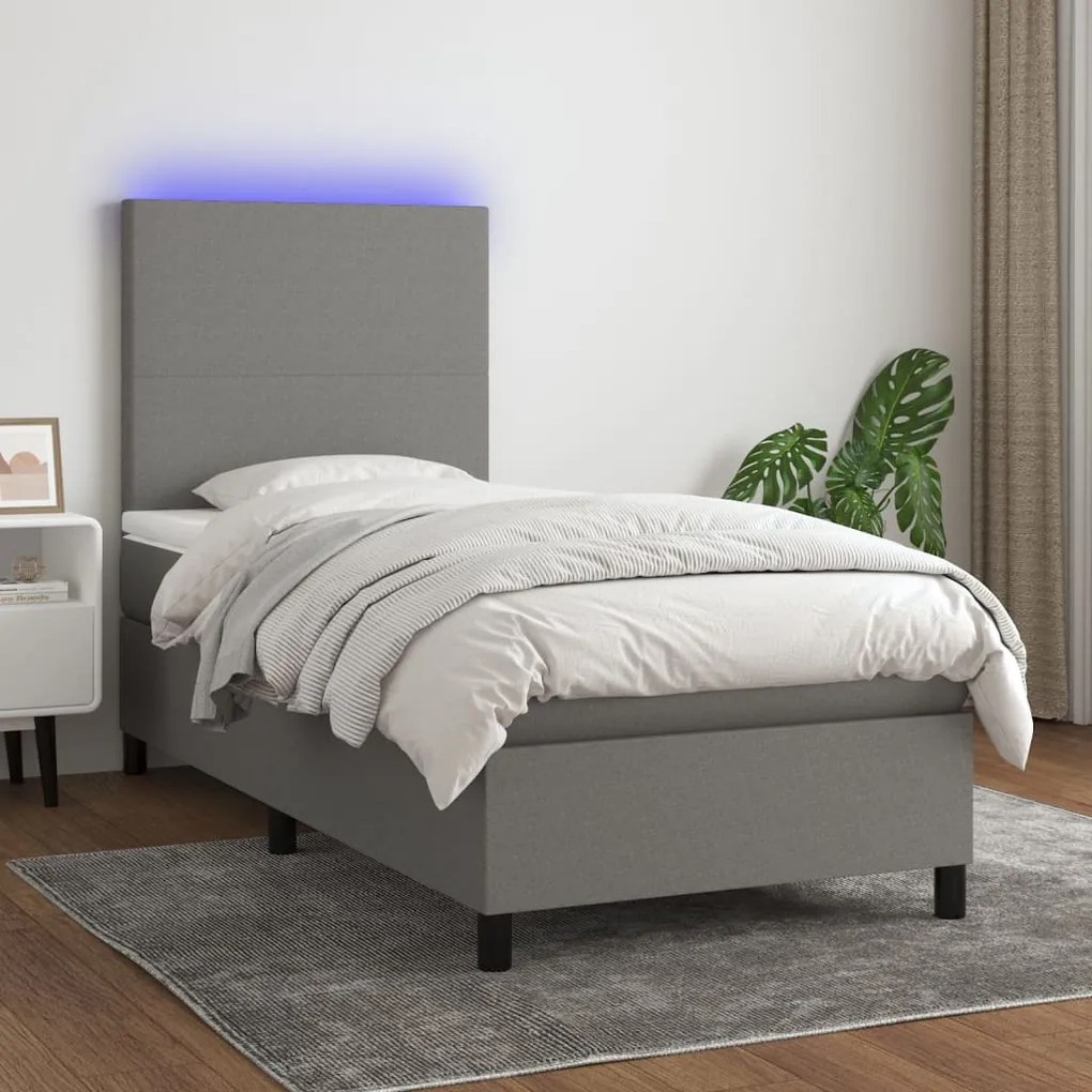 Letto a molle materasso e led grigio scuro 80x200 cm in tessuto