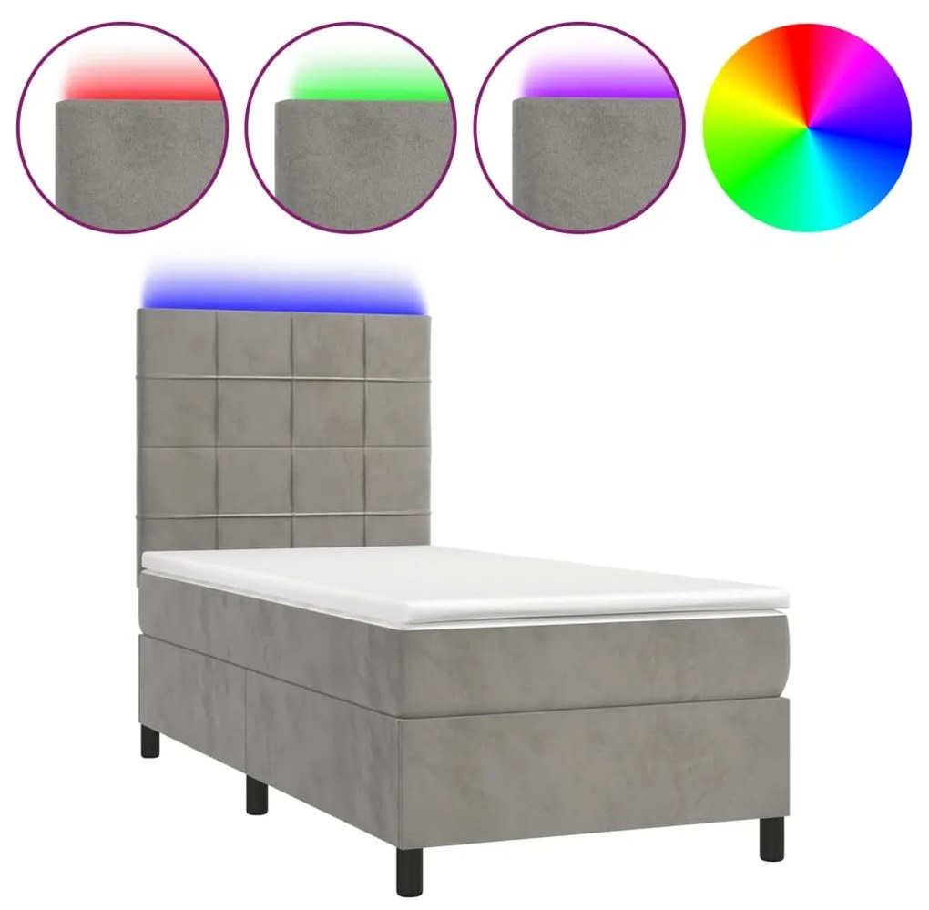 Letto a molle materasso e led grigio chiaro 80x200 cm velluto