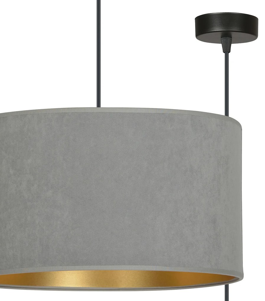 Sospensione 1 Luce Ganesha In Acciaio Nero E Paralume In Tessuto Grigio