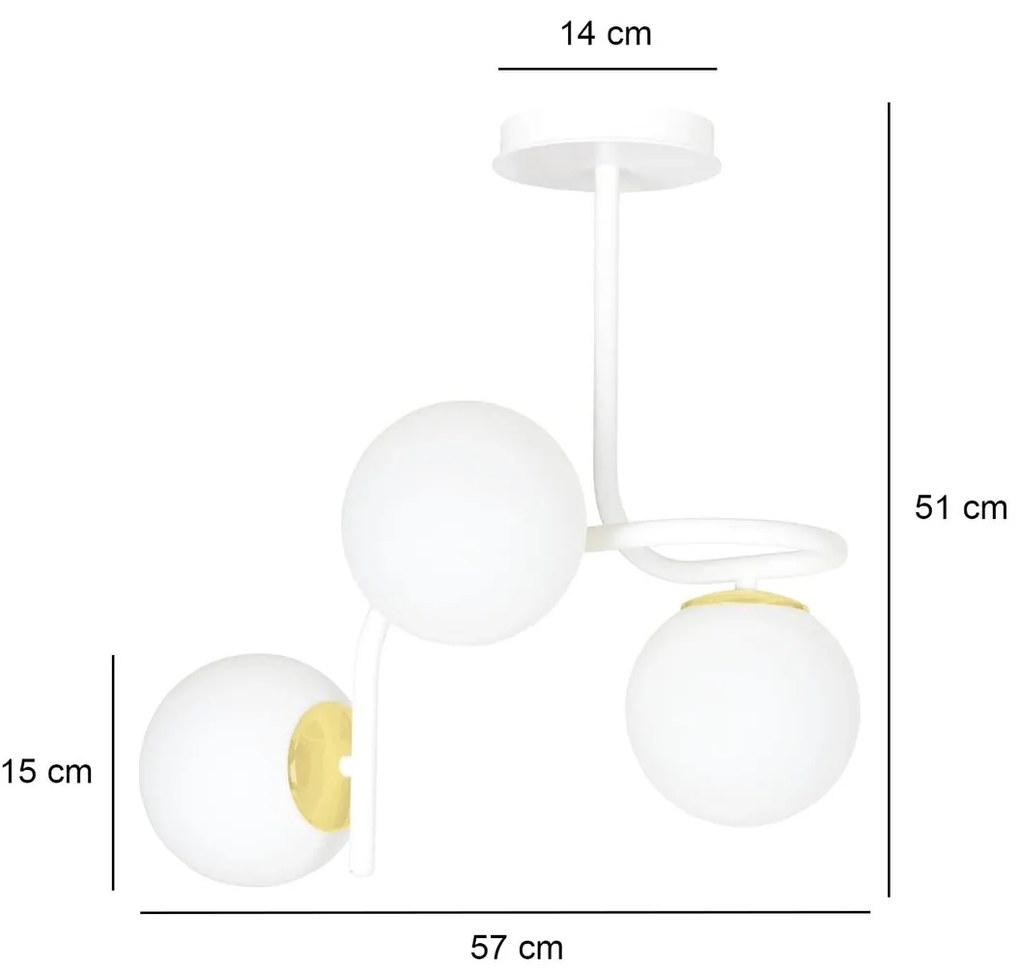 Lampadario 3 Luci Kalf In Acciaio Bianco A Bracci E Sfere In Vetro Opalino E Oro