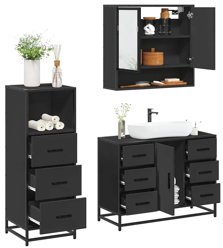 Set Mobili Da Bagno 3 Pz Nero İn Legno Multistrato /