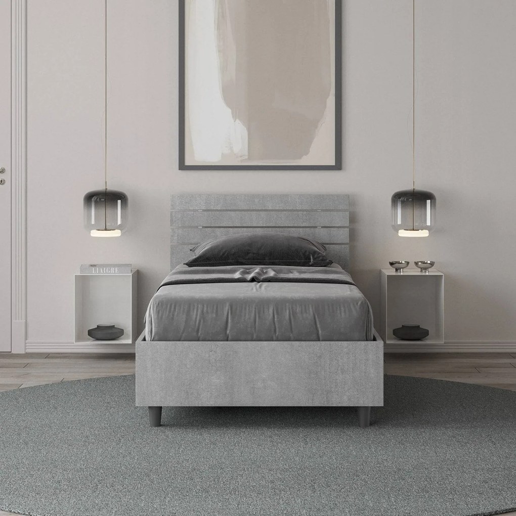 Letto singolo senza rete, con rete e contenitore testata dritta con doghe Ankel, Cemento / Con Rete