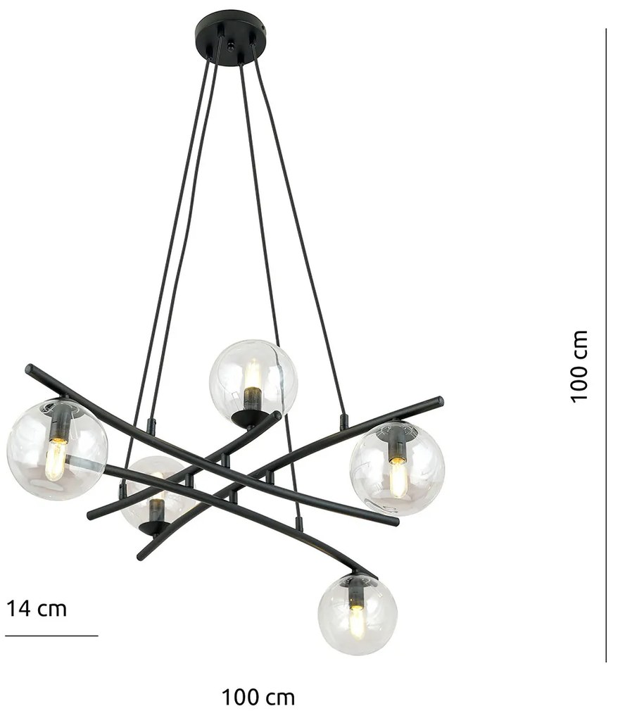 Lampadario Moderno Cadmo Acciaio Nero Trasarente 5 Luci E14 Ip20