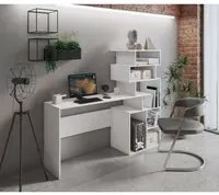 Scrivania Arrecife, Scrittoio moderno con libreria con vani a giorno, Tavolo da studio o ufficio porta PC portalibri, Cm 160x40h135, Bianco